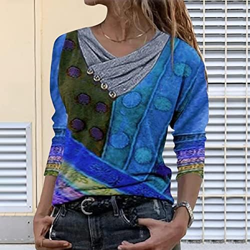 A nők Etnikai Vintage Melegítőfelső Szexi V-Nyakú Fodros, Hosszú Ujjú Póló Felső Plus Size Gombot Retro Póló Pulóver
