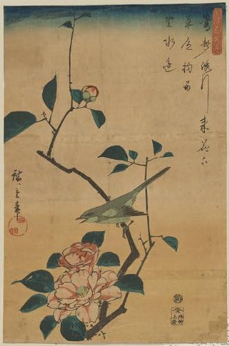 HistoricalFindings Fotó: Tsubaki ni uguisu,Hiroshige Ando,Fotó Ukiyo-e,Japán Kamélia Virág,Madár