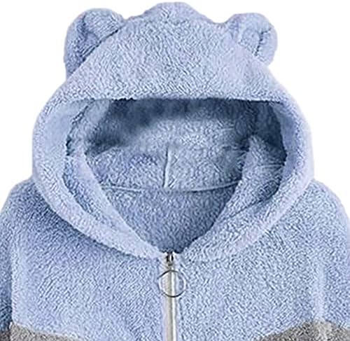 Női Téli Plüss Kapucnis Kabát, Aranyos Fül Színe-Blokkolt Meleg Alkalmi Cipzár Kényelem Felső Laza Outwear Felszerelés