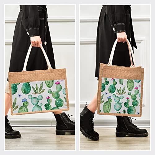 Kaktusz Zamatos Virágos Juta Tote Bags Újrahasznosítható Vászon Bevásárló szatyor, Zsebében Strand Konyha Bevásárló