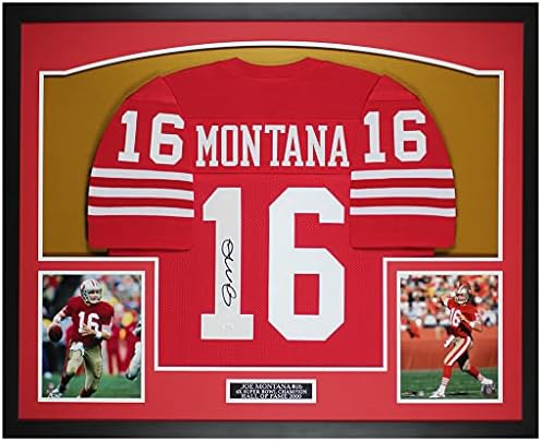 Joe Montana Dedikált Piros San Francisco Jersey - Gyönyörűen Gubancos, illetve Bekeretezett - Kéz Által Aláírt Montana,